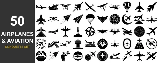 A diverse collection of 50 black and white icons and silhouettes representing various aircraft and aviation elements.