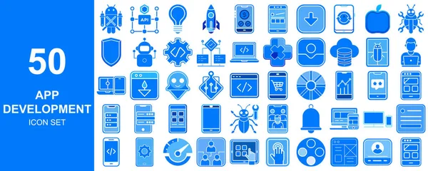 A grid displays 50 distinct blue icons representing various aspects of app development, showcasing a modern and clean aesthetic.