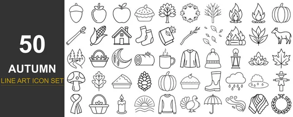 A diverse collection of 50 unique, hand-drawn line art illustrations featuring various autumn elements and decorative motifs.