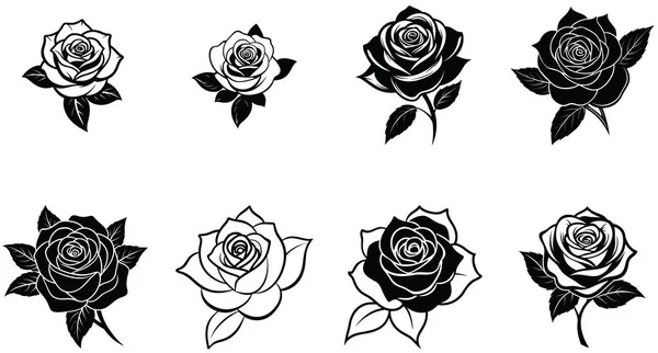 A set of eight stylized rose illustrations, rendered in black and white with varying degrees of detail and shading on their petals.
