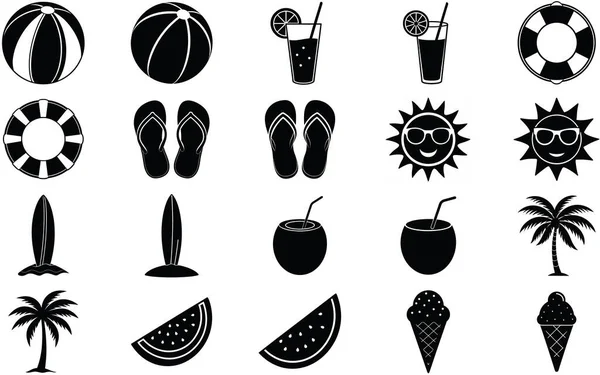 A collection of black silhouette icons representing summer vacation activities and items including beach balls, drinks, flip flops, surfboards, and palm trees.