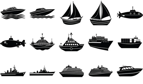 A diverse array of black silhouettes showcasing various water vessels including sailboats, speedboats, cargo ships, cruise liners, and submarines.