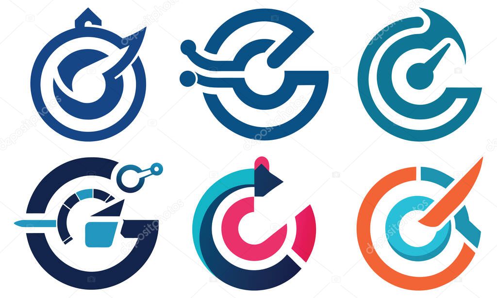 A collection of six modern, abstract circular logos in various color schemes, featuring dynamic lines and shapes suggesting movement and precision.