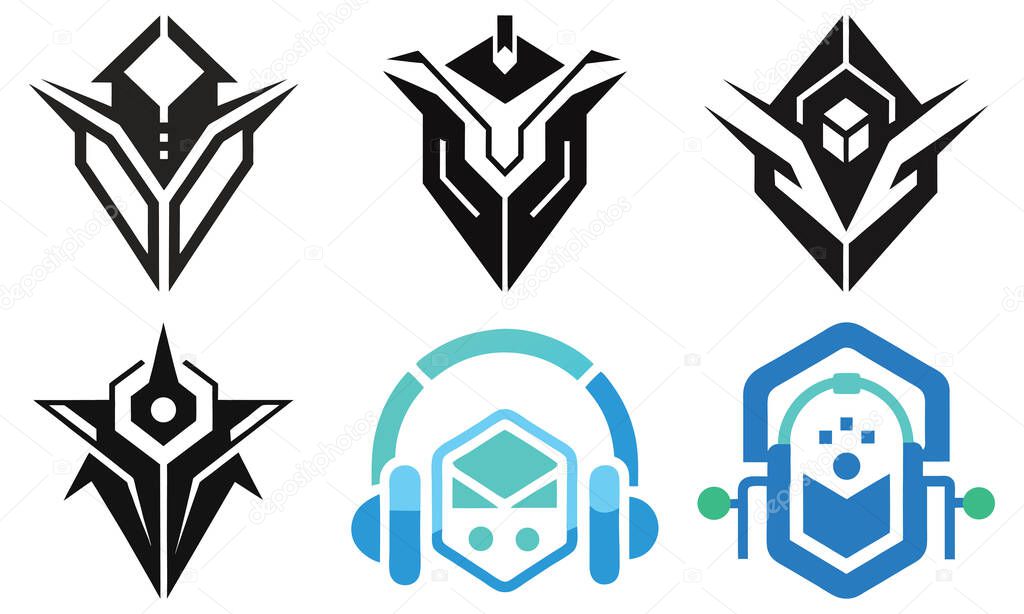 A set of six distinct graphic symbols, featuring abstract geometric designs and a stylized headset icon, likely representing factions or in-game elements.