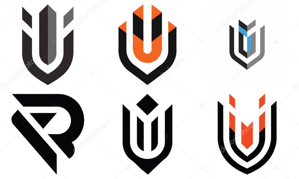 A collection of six distinct graphic logos featuring shield shapes, abstract letterforms, and geometric designs in black, white, orange, and blue.