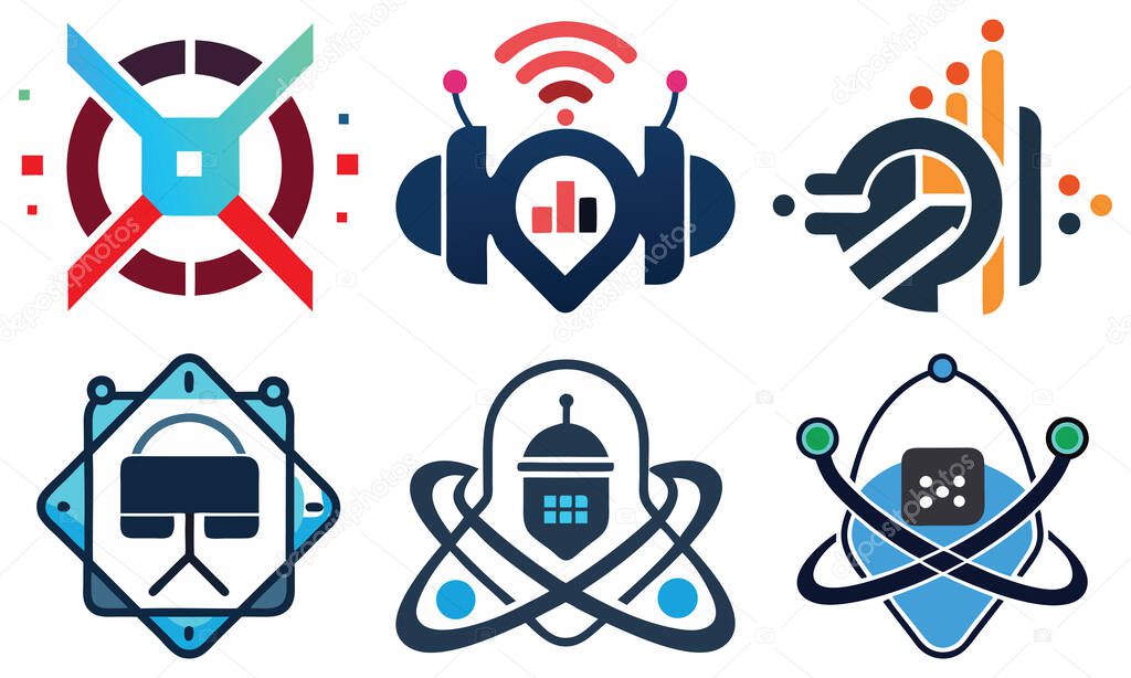 A diverse set of six unique, abstract geometric logos featuring vibrant colors and modern design elements, suitable for various branding applications.