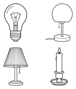 A collection of simplified drawings depicting various lighting elements including a light bulb, desk lamp, table lamp, and candle.