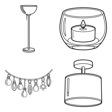 Collection of hand-drawn style icons featuring a floor lamp, candle holder, string lights, and ceiling fixture for design projects.