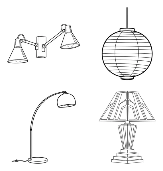 Showcasing various lighting solutions including wall lamps, a pendant light, floor lamp, and table lamp in a clean outline style.
