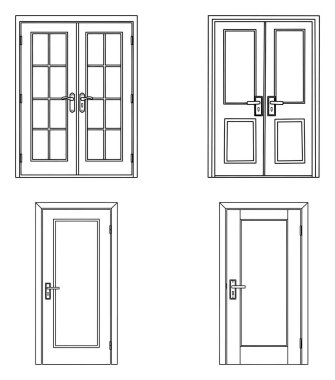 Architectural set doors and windows designs line art illustration for children's simple coloring book