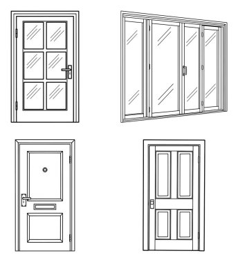 Architectural doors and windows collection line art illustration for children's simple coloring book