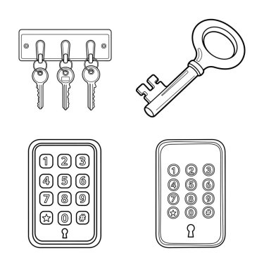 Vintage keys and modern keypads security icons line art illustration for children's simple coloring book