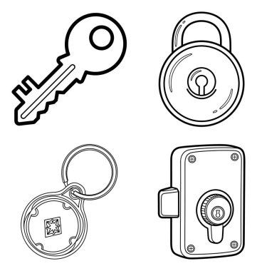 Collection of keys and locks icons security symbols graphic line art illustration for children's simple coloring book