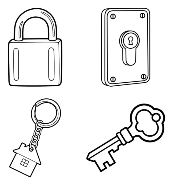 Anahtar zinciri ve anahtar simgeleri çocukların basit boyama kitabı için satır çizimi ayarlayın