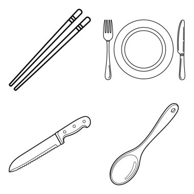 Yemek çubukları, çatal, bıçak, tabak ve kaşık gibi eskiz biçiminde yapılmış temel yemek malzemelerinin bir koleksiyonu..