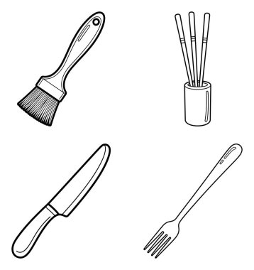 Çatal, bıçak, kaşık ve fırça da dahil olmak üzere el yapımı mutfak gereçleri koleksiyonu, mutfak temaları için mükemmel..