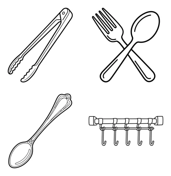 Maşa, çatal ve kaşık, yalnız kaşık ve asma askısı da dahil olmak üzere dört ayrı mutfak aletinden oluşan bir koleksiyon..