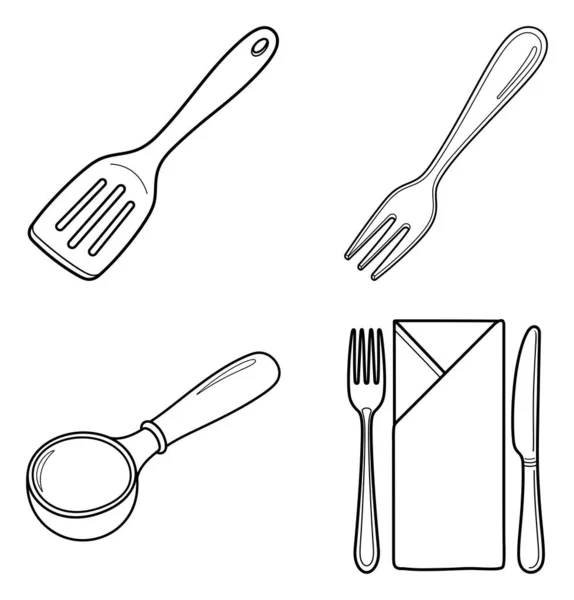 Bir spatula, çatal, kaşık ve çatallı resmi bir yer de dahil olmak üzere temel mutfak aletleri koleksiyonu..