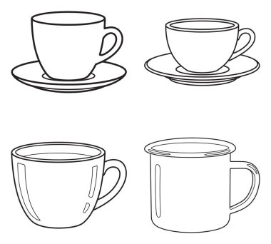 Basit boyama kitabı çizimleri için dört adet kahve fincanı