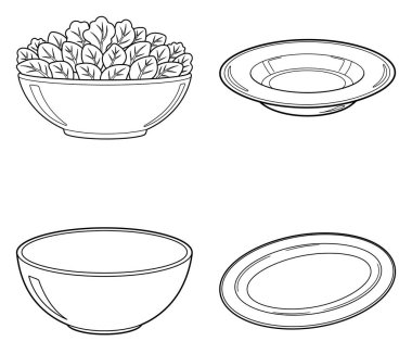 Basit boyama kitabı için çeşitli boş ve doldurulmuş tabaklar (124); satır resim çizimi