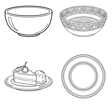 Basit boyama kitabı çizimleri için dört mutfak masa gereçleri satırı