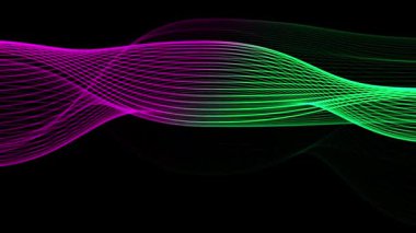 Canlandırılmış soyut pembe ve yeşil dalgalar, 4k 'de siyah bir zemin döngüsünde pürüzsüzce akıyor.