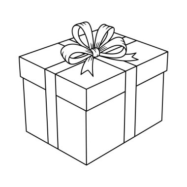 Dekoratif kurdele ve fiyonkla tamamlanmış bir hediye kutusunun minimalist çizgi çizimi. Yaratıcı projelerinizde kutlama, sürpriz ya da özel bir şey yapmak için ideal..