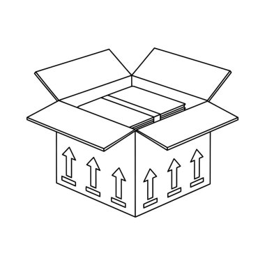 Flapları yukarı doğru uzanan açık bir karton kutunun çizgi çizimi. Kutunun kenarlarında yukarı bakan oklar var, uygun işleme ve nakliye yönünü gösteriyor..