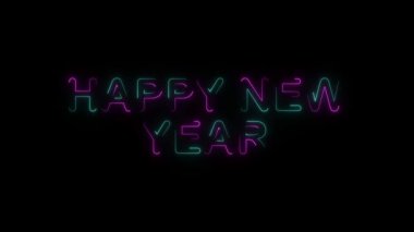 4k 'lık siyah bir arkaplanda mutlu bir yeni yıl kutlaması gösteren canlı bir neon tabela canlandırdım.