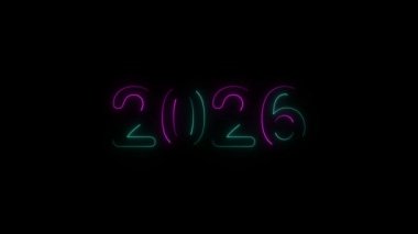 2026 yılının animasyonu 4k cinsinden mavi ve pembe renkli neon ışıklarla gösterilir.