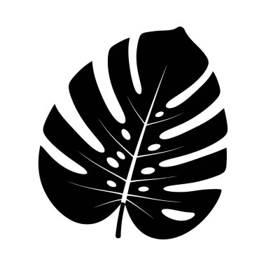 Beyaz bir zemin üzerinde tropikal canavar lezzetli bir yaprak minimalist siyah silueti, grafik tasarım, web ve baskı projeleri için ideal.