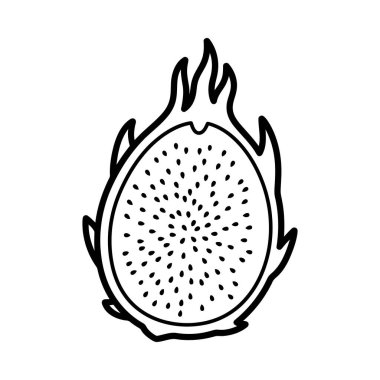 Beyaz arka planda izole edilmiş yarım bir ejderha meyvesi çizimi. Tasarım, yiyecekler ve sağlık içeriği için ideal olan meyvenin eşsiz dokusunu ve canlı görünümünü vurguluyor..