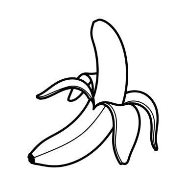 Bir muz çizimi, kavisli şeklini ve kısmen soyulmuş derisini gösteriyor. Resim, çeşitli yaratıcı projeler için uygun beyaz bir arkaplanda izole edilmiştir..