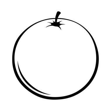 Bir portakalın basit siyah beyaz çizimi. Meyve yuvarlaktır ve tepesinde küçük bir gövdesi vardır. Görüntü temiz ve minimalist, beyaz bir arkaplanda izole edilmiş..