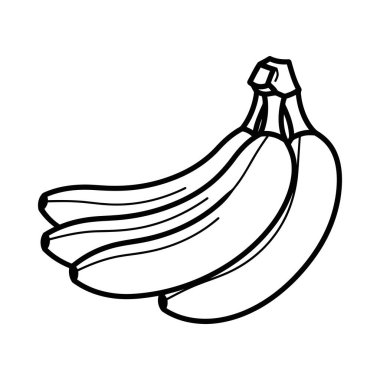 Bir grup muz, popüler bir tropikal meyve, basit bir siyah-beyaz illüstrasyonla resmedilir. Muzlar bir araya toplanmış, kıvrımlı şekillerini ve dokularını sergiliyorlar..