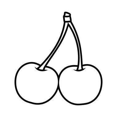 Saplarıyla birbirine bağlı iki kirazın basit bir siyah çizimi. Kirazlar yuvarlak ve dolgun, beyaz arka planda izole edilmiş tatlı ve sulu bir meyveyi işaret ediyor..