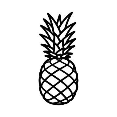 Beyaz arka planda izole edilmiş siyah bir ananas çizimi, desenli derisini ve dikenli tacını sergiliyor. Tatlı ve egzotik bir tropikal meyveyi temsil eder..