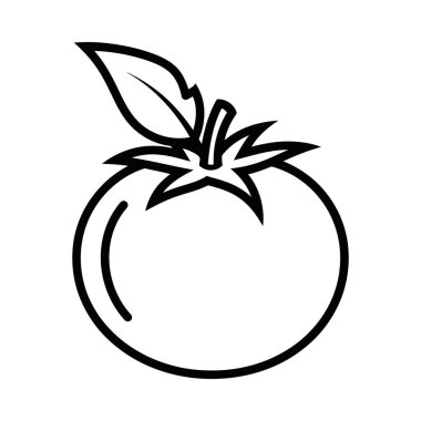 Sapı ve yaprağı olan tek bir domatesin çizimi. Sağlıklı beslenme, bahçıvanlık ve organik gıda kavramları için ideal. Beyazda izole edilmiş.