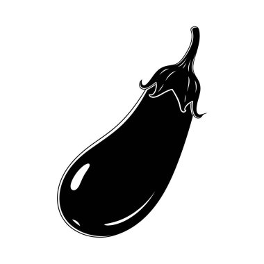 Bir patlıcan ya da patlıcan şeklindeki siyah siluet çizimi. Bu vektör grafiği sağlıklı gıda markaları, tarifler, menüler ve organik pazar tasarımları için mükemmeldir..
