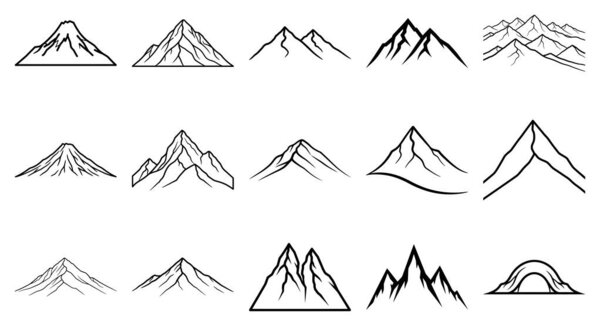 Полный набор разнообразных набросков горных и холмистых рисунков, идеально подходящих для природных проектов, брендинга на открытом воздухе или приключенческой иконографии. Чистый вектор.