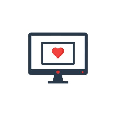 Parlak bir düz dizayn ikonu ekranında canlı kırmızı bir kalp olan bir bilgisayar monitörü. Dijital sevgiyi, sosyal medyayı ve çevrimiçi takdiri temsil eder..