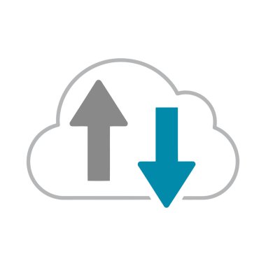 Bu grafik, farklı yükleme ve indirme okları ile bulut depolama işlemleri, veri transferini sembolize eden, çevrimiçi yedekleme ve eşzamanlama servislerini gösterir.