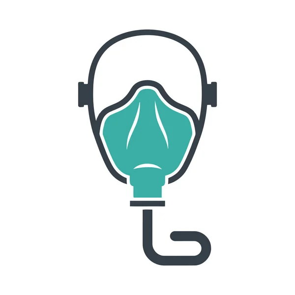 Bir tıbbi oksijen maskesinin minimalist düz tasarım simgesi. Mavi ve lacivert, hastalar için solunum, acil yardım ve sağlık desteğini sembolize ediyor..