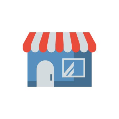 Kırmızı ve beyaz çizgili bir mağaza vitrininin düz vektör çizimi, mavi cephe, kapı ve pencere. Küçük işletmeler, perakende ve e-ticaret kavramları için mükemmel. Temiz grafik.