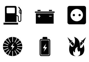 Bu görüntü, enerji ve gücün farklı formlarını temsil eden altı siyah ve beyaz ikondan oluşan bir koleksiyondur. Soldan sağa, üst sıra: bir benzin pompası, bir araba aküsü ve bir elektrik prizi. Alt sıra: yıldırımlı dairesel grafik, bir vurucu.