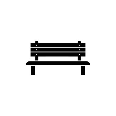 A high-quality, minimalist black silhouette icon of a standard park bench. The bench features a horizontal slatted backrest and seat, supported by two legs, depicted from a straight-on perspective. The design is clean and simple, ideal for use as a u