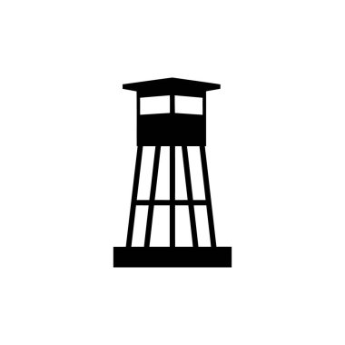 A minimalist black silhouette icon representing an elevated guard tower or watchtower. The structure features a high observation post or cabin on top with large windows, supported by a framework of multiple legs or pillars. The entire illustration is