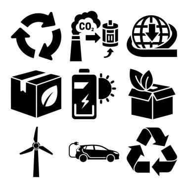 Bu resim, her biri çevre bilinci ve yeşil teknolojinin farklı yönlerini sembolize eden dokuz siyah ve beyaz ikondan oluşan bir koleksiyonu gösteriyor. Simgeler arasında geri dönüşüm sembolü, bataryaya CO2 yayan bir fabrika, çökmüş bir küre var.