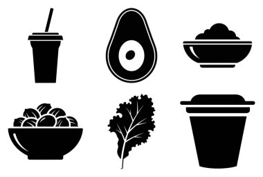 Siyah ve beyaz grafiklerde sağlıklı beslenme ve içeceklerle ilgili altı farklı ikon gösterilir. Üst sıra, soldan sağa: tek kullanımlık pipetli bir bardak, çukurlu yarım bir avokado ve tahıl gevreği dolu bir kase. Alt sıra, sol t