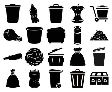 Bu resim farklı atık ve atık türlerini temsil eden siyah siluet şebekelerini gösterir. Koleksiyonda plastik şişeler, buruşuk kağıtlar, ampuller, elma çekirdekleri, piller, çöp poşetleri ve çeşitli çöp tenekeleri gibi eşyalar yer alıyor.